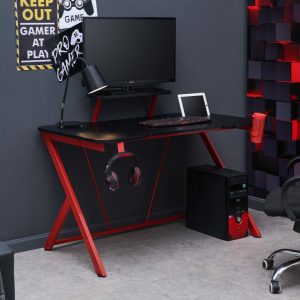 Γραφείο Gaming M602.01 Gamer 130x70x91 Μαύρο-Κόκκινο MDF με Επενδυμένη Μελαμίνη